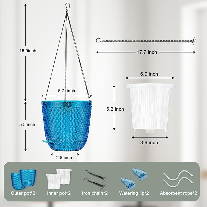 QCQHDU Self Watering Hanging Pots, 2 Pack 5.7 Inch Hanging Planters for Plants Indoor, Flower Pots with Drainage Holes and 3 Hooks Chains for Garden Home (Klein Blue)