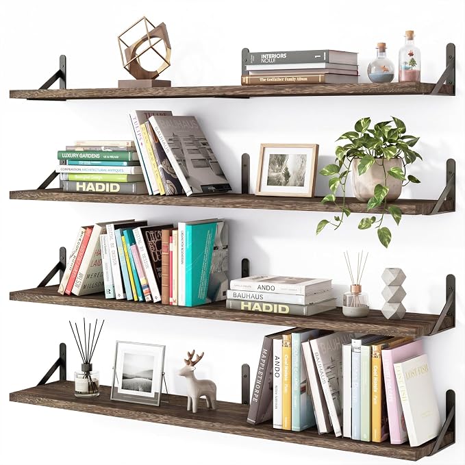 YGEOMER 35.4in Floating Shelves for Wall Home Decor, Brown Set of 4 | 35.4-inch wood shelves with metal brackets. Space-saving for books & decor. Fits bathroom, kitchen, living room & bedroom.