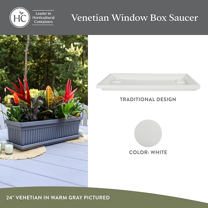 The HC Companies 17.5 Inch Venetian Rectangular Plant Saucer, Lightweight UV-Resistant Plastic Outdoor & Indoor Flower Pot Tray, 2-Pack Plant Pot Trays for Garden & Home Decor, White
