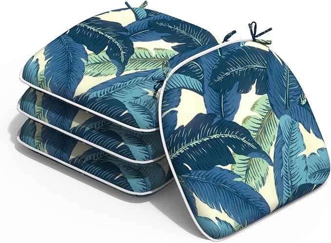 Outdoor Chair Cushions 16"x17" Set of 4, Water Resistant Patio Chair Pads with Ties, Seat Cushions for Home Garden Furniture Decoration, Swaying Palms Blue