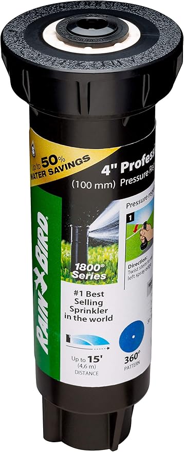 Rain Bird 1804FDSP25 Pressure Regulating (PRS) Professional Dual Spray Pop-Up Sprinkler, 360° Full Circle Pattern, 8' - 15' Spray Distance, 4" Pop-up Height
