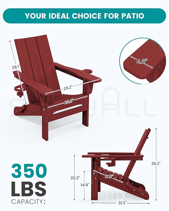 SERWALL Folding Adirondack Chair with Cup Holders, Weather Resistant HDPE Modern Adirondack Chair Set of 4, Plastic Outdoor Fire Pit Chairs, Red