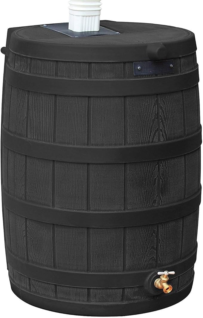 Good Ideas Rain Wizard 50 Gallon Plastic Rain Barrel, Black Bundled with 50 Foot Soaker Hose, Gradual Water Release to Plants, for 3/4" Spigots, Black