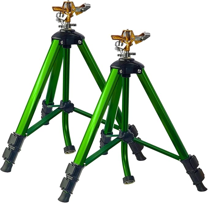 LIULO TOOL Impact Sprinkler on Tripod Base, 2 Pack Tripod Sprinklers with Brass Head, 360 Degree Large Area Irrigation with Extension Legs Flip Locks, Heavy Duty 3/4" Connector for Lawn Yard Garden