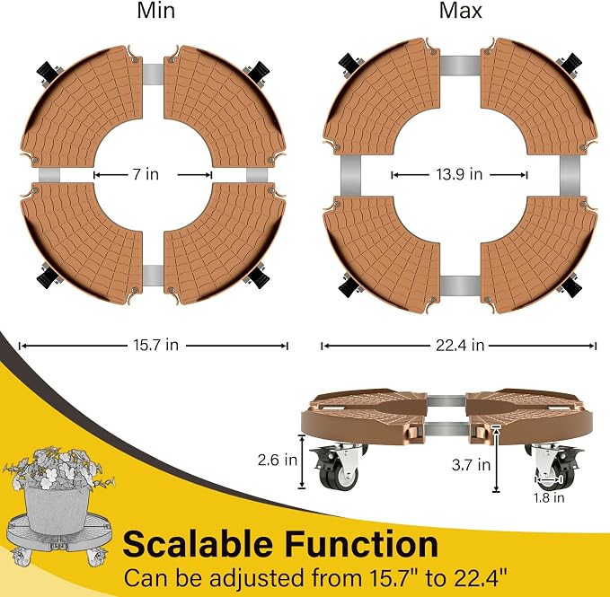 Goovilla Plant Stand with Wheels 440LBS Load,1Pack, Adjustable 15-22",Khaki | Heavy Duty Plant Caddy with Lockable Caster Wheels, Rolling Stand/Dolly/Roller for Indoor Outdoor Large Planter, Flower Pot