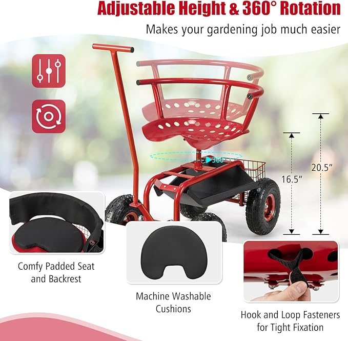Goplus Rolling Garden Seat with Wheels, Outdoor Garden Cart with 360° Swivel Seat & Tool Storage, 2 Steering Handles, Gardening Stool Wagon Scooter, Lawn, Patio Gardening Workseat for Seniors