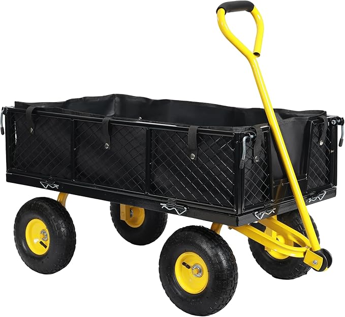 SUNNYFEEL 500 Lbs Capacity Heavy Duty Mesh Steel Garden Cart,Folding Utility Cart with Removable Side Nets, Non-Slip Rubber Base, Black & Yellow,Upgraded Version
