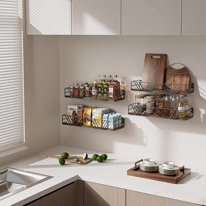 Floating Shelves for Wall, 4 Sets Rustic Shelf with Metal Frame