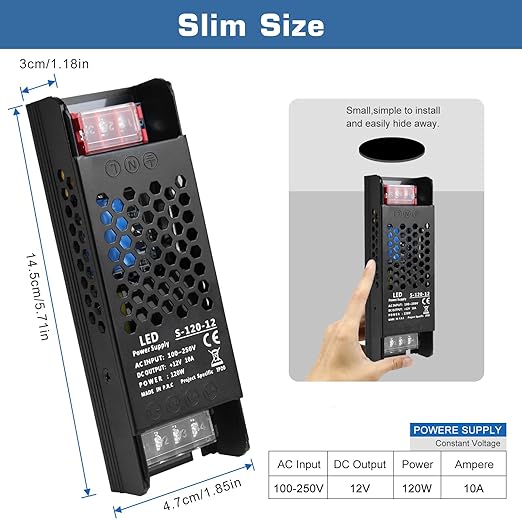 LED Driver 12V 120W 10A Slim LED Power Supply, AC 100-250V to 12V DC Adapter, Constant Voltage Transformer for LED Strip Lights, Bulbs, Garden and Cabinet Lights
