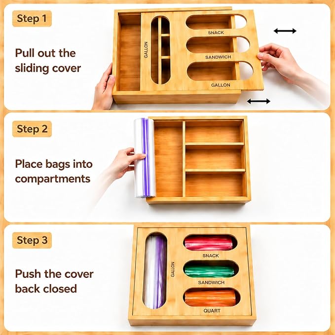 4 in 1 Bamboo Bag Storage Organizer for Sandwich, Snack, Quart,Gallon Bags