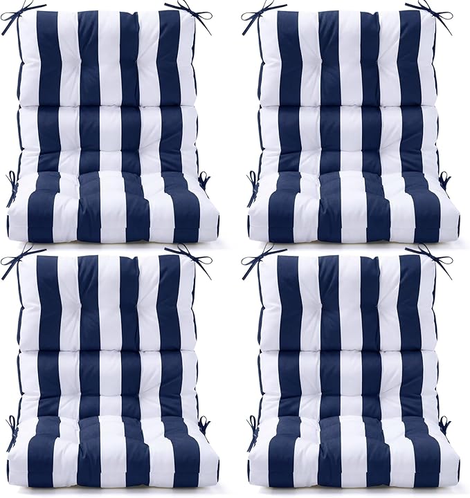 Hoteam 6 Pcs High Back Chair Cushions Set - 44'' x 21'' Indoor Outdoor Waterproof Soft Thicken Stripes Replaceable Cushion for Garden Summer Rocking Chair, Patio Furniture (Navy Blue Stripes)