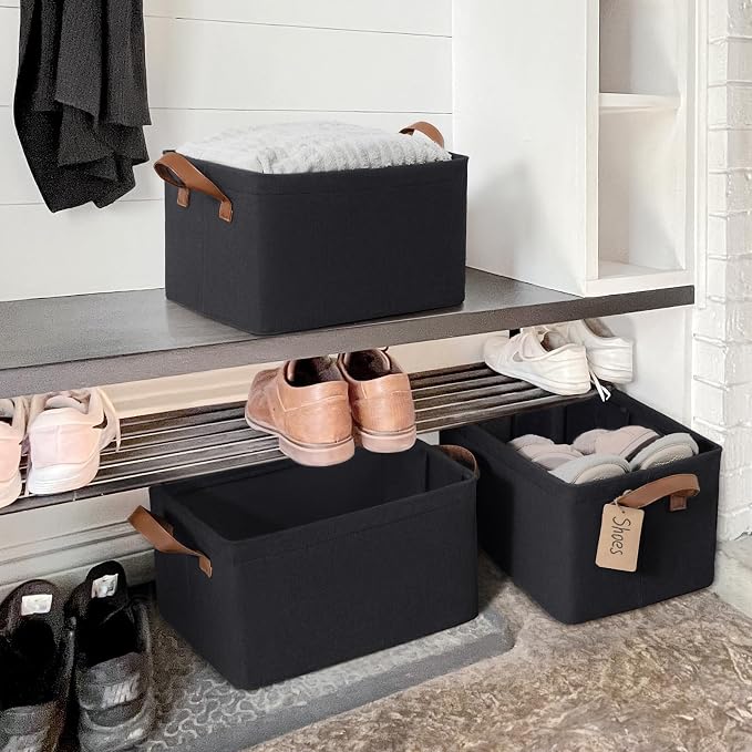 CHICVITA 20L Fabric Storage Bins for Shelves, Metal Frame, 2Pack, Black | 14 ¾" L x 10 ¼" W x 8 ¼" H Storage Baskets for Towels, Toys & Books, Fits Bedroom & Entryway Organization, Leather Handles