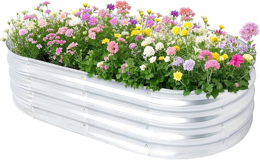 Raised Garden Bed, Galvanized Raised Garden Beds Boxes, Oval Metal Planter Gardening Box for Outdoor Plants Vegetables Flower Herb
