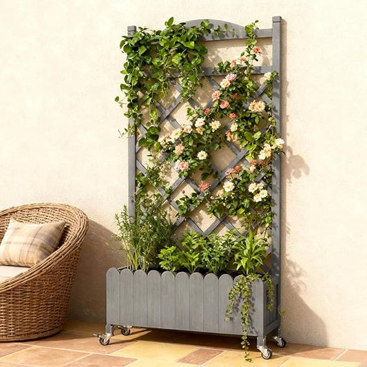 COMHOMA Raised Garden Bed with Trellis and Wheels,48Inch Elevated Planter Box with Drainage Holes,Lattice Privacy Screen for Climbing Plants Vegetables,Outdoor for Patio Balcony Yard,Gray