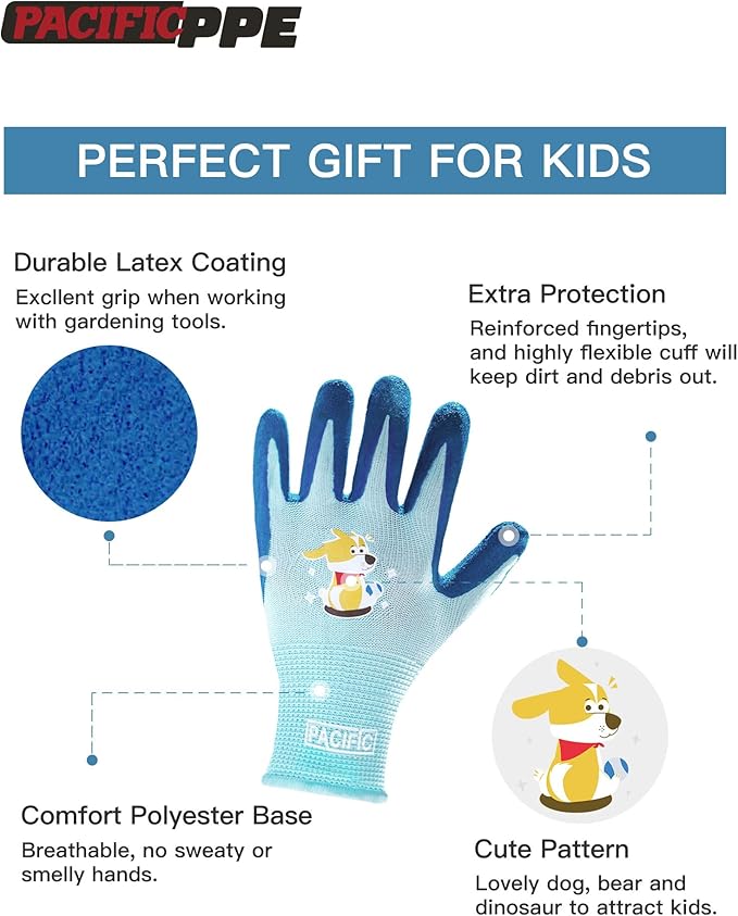 PACIFIC PPE 3 Pairs Kids Gardening Gloves for Age 3-6, Toddler Rubber Coated Garden Gloves, Kids Work Gloves, for Children, Boys and Girls, Multicolor, XXXS