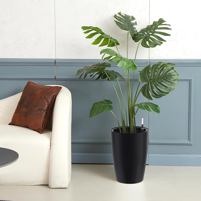 16" Tall Round Planter Set of 2, Self Watering Pots, Large Planter for Indoor Outdoor Plants, Built-in Drainage and a Water Level Monitor, for Patio, Porch, Living Room, or Home Office, Black