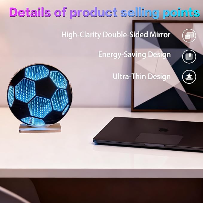 3D Soccer Infinity Mirror Light, LED Infinity Mirror Night Light with Endless Goal Tunnel Effect, USB Powered 3D LED Lights for Kids Sports Room & Game Room, Gift for Boys Fan, 9.1"
