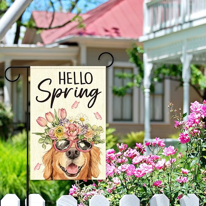 Hello Spring Flags for Outside,Golden Retriever Garden Flag for Yard Patio Lawn Decoration,12x18 Inch Double Sided