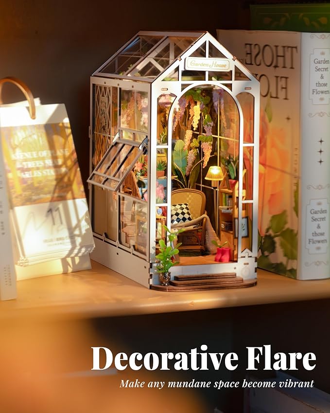 Rolife DIY Book Nook Kit Wooden 3D Puzzle Bookends 9.5" Garden House Miniature Kit with LED Bookshelf Decor Arts and Crafts for Adults Family Project Hobby Creative Gifts for Girls Boys Christmas