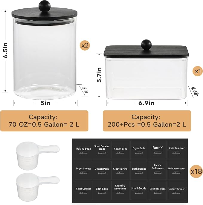 Glass Laundry Pods Container & Acrylic Dryer Sheet Holder with Balck Bamboo Knobs Lids, Scoops & Labels | Premium Laundry Room Organization and Storage for Detergent Pods, Powder, Dryer Balls & Beads