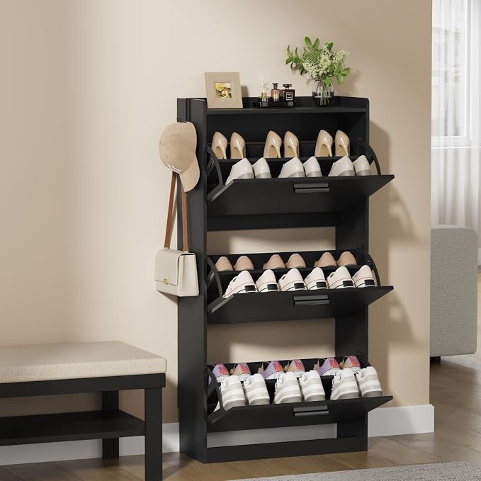 Shoe Cabinet Organizer with 3 Flip Drawers,Narrow Shoe Rack 23.6" W White