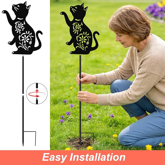 VOOKRY Solar Watering Can Lights Outdoor with Cat Silhouette Stake, Garden Gifts for Mom, Women & Garden Lovers Waterproof Metal Garden Lantern, Decorative Yard Patio Lawn Pathway Decor(2 Pack)