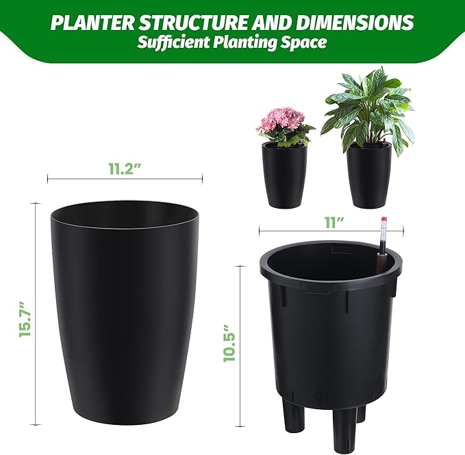 16" Tall Round Planter Set of 4, Self Watering Pots, Large Planter for Indoor Outdoor Plants, Built-in Drainage and a Water Level Monitor, for Patio, Porch, Living Room, or Home Office, Black