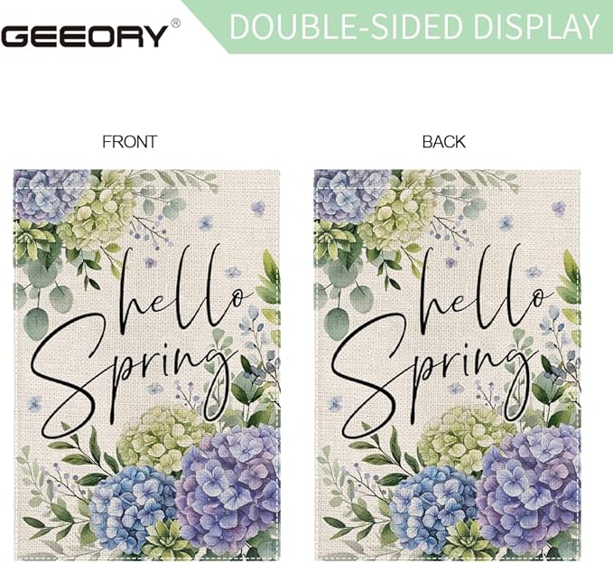 GEEORY Hello Spring Hydrangea Eucalyptus Garden Flag 12x18 Inch, Double Sided Spring Summer Decor, Farmhouse Rustic Outdoor Floral Flag Outside Yard Lawn Decoration