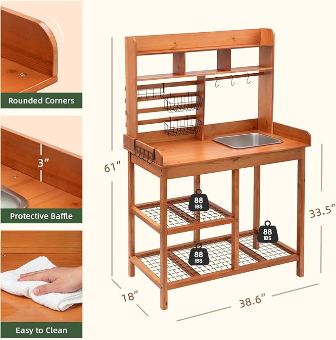 OOOK Potting Bench, Nordic Scots Pine Potting Table with Sliding Tabletop, Removable Sink, Workstation for Outside Patio Lawn, Wooden Garden Work Station