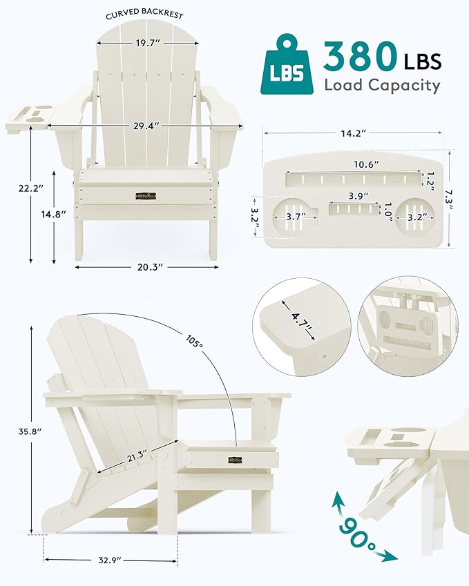 SERWALL Folding Adirondack Chair, Outdoor Adirondack Chairs with Multi-Functional Cup Holder, Wood-Like Patio Chairs, Lawn Chairs, All Weather Plastic Fire Pit Chair for Garden, Backyard, Deck - White