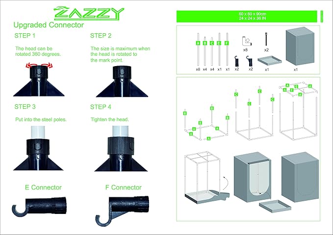zazzy Grow Tent, 24"x24"x36" Hydroponic Mylar Grow Tent Reflective Garden Growing Dark Room with Observation Window, Removable Floor Tray and Tool Bag for Indoor Plant Growing 2'x2'