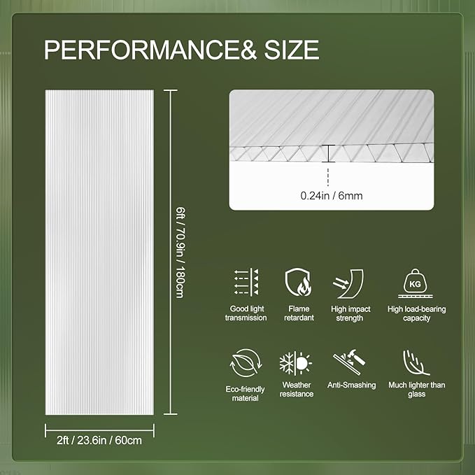 UMIG 8 PCS 6' x 2' x 0.24'' Polycarbonate Greenhouse Panels, Twin-Wall Waterproof UV Protected Corrugated Plastic Roof Panels Sheets, Clear Replacement Panels for Greenhouse, Outdoor, Plant