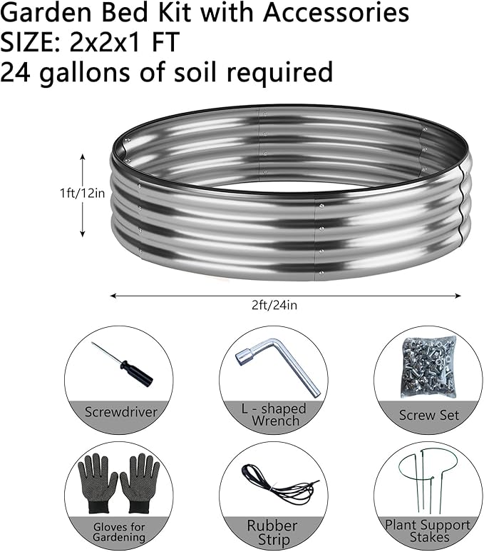 ZFHgarden Fire Ring Pit Round Galvanized Fire Ring for Outside Fire Pit Garden Bed Kit，Height 12 Inch, 2x2x1ft Round Galvanized Steel Fire Pit