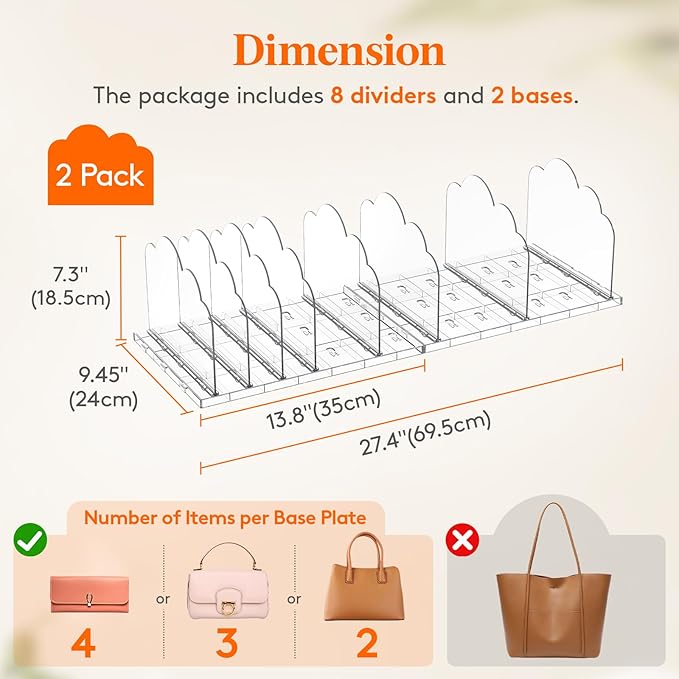 Lifewit Purse Organizer for Closet, Adjustable Clear Handbag Shelf Dividers