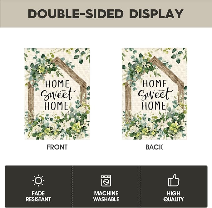 AVOIN colorlife Home Sweet Home Spring Floral Garden Flag 12x18 Inch Double Sided Outside, Eucalyptus Flowers Seasonal Welcome Yard Outdoor Flag