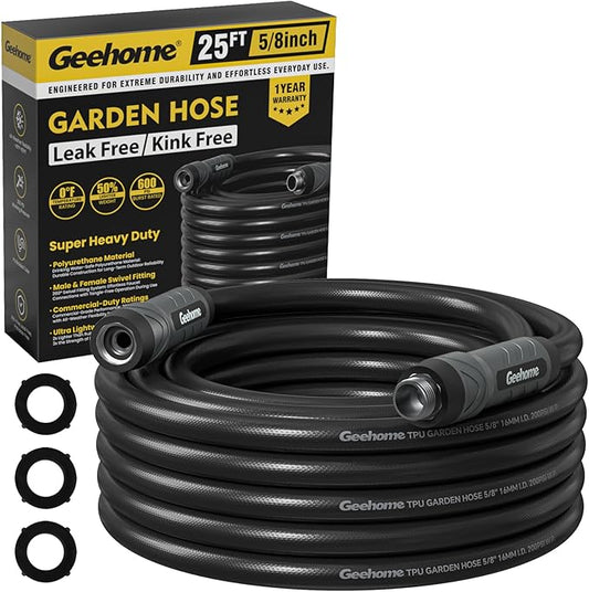 25ft Polyurethane Garden Hose, 5/8 in Lightweight Flexible Water Hose with Swivel Fittings, All-Weather, No-Kink Memory, Commercial Duty, Perfect for Home and Commercial Applications