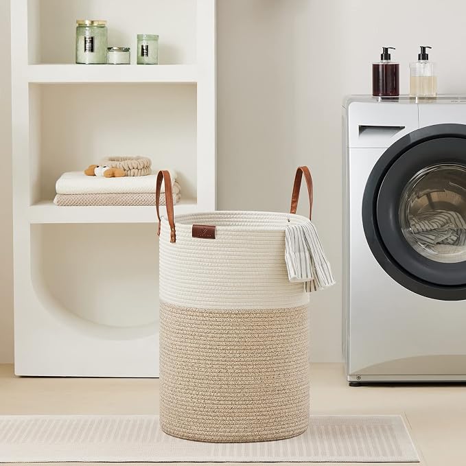 VIPOSCO 72L Tall Woven Rope Laundry Hamper, Leather Handles, White & Brown | Large Wicker Laundry Basket for Dirty Clothes, Blanket, Toy, Towel, Yoga Mat, Storage Bin in Bedroom, Bathroom, Living Room