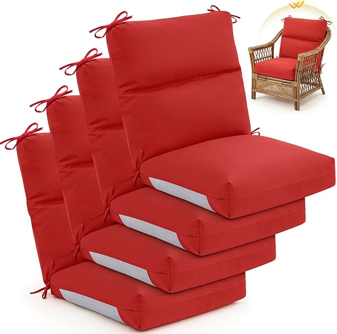Geelin 4 Pack Outdoor/Indoor High-Back Chair Cushions 44×21 in, Stuffed Tufted Replacement Patio Chair Cushions with Ties Weather Resistant Pads for Patio Furniture (Red)