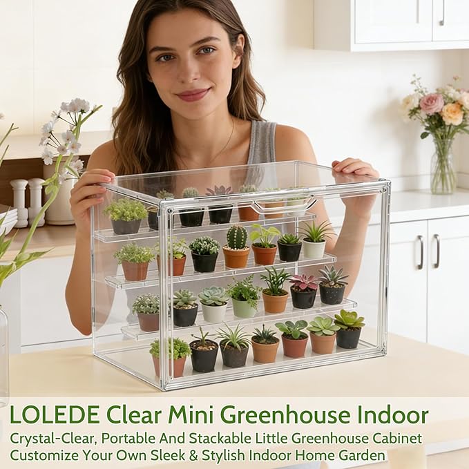 Clear Mini Greenhouse Indoor, Small Stackable Tabletop Portable Green House with Magnetic Door for Plant Seed Germination, Home Gardening Display,etc. (14.2x8.7x10.6in, 1 Pack)
