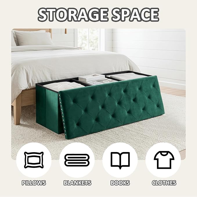 PINPLUS Folding Storage Ottoman Bench, Green Velvet