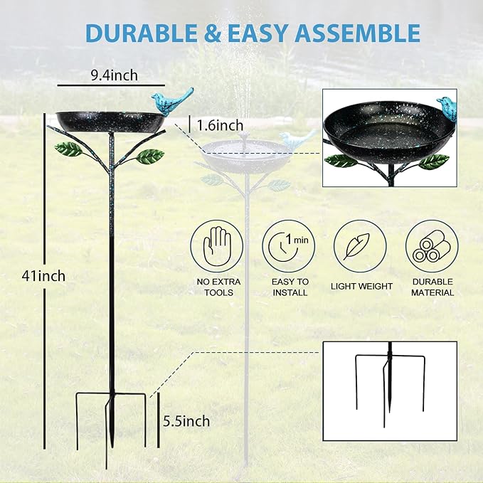 Bird Baths for Outdoors, 41" Tall Black Birdbath with Stake, Metal Bird Baths & Feeder with 9.4" Bowl & Decorative Cast Iron Bird for Outside Garden Yard Decor