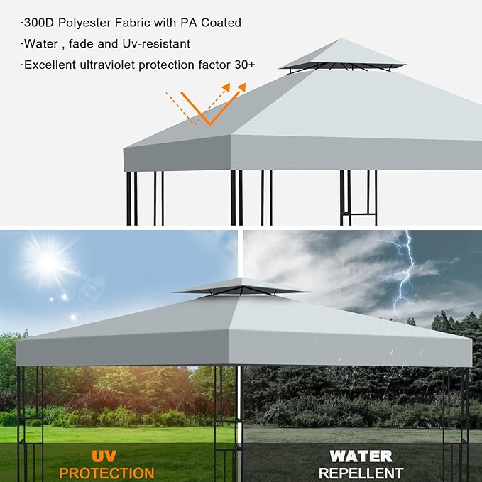 10x10 Gazebo Replacement Canopy, Double Tiered Canopy Cover Top with Ventilation, Heavy Duty 300D Polyester Waterproof Outdoor Gazebo Roof for Patio Garden Yard (Grey, Flat Edge)