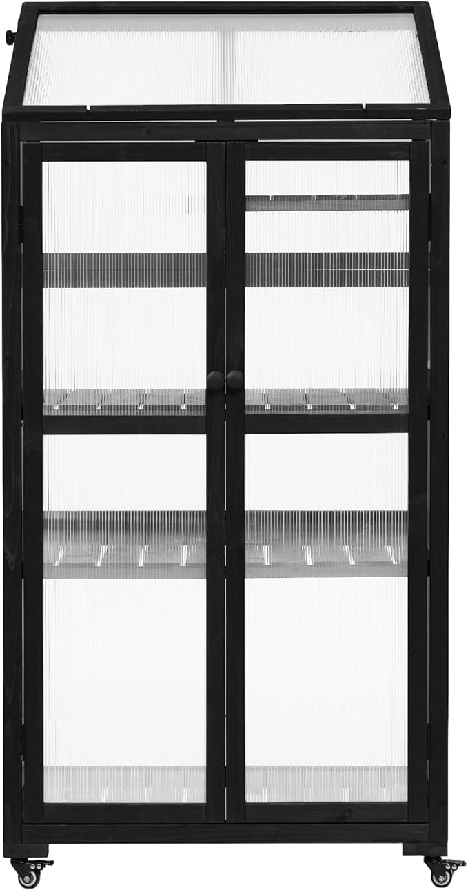 62'' H Wood Greenhouse for Outdoors, Portable Cold Frame Greenhouses with Wheels & Adjustable Shelves for Indoor, Garden, Patio Balcony,Easy Assembly,Black