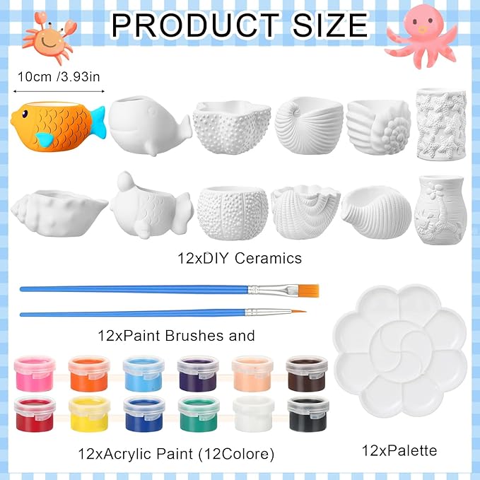 Hushee 12 Sets Ceramic Succulent Planters Paintable Succulent Plant Pots Small DIY Figurines Unpainted Pots with Drainage Hole Color Paints Paintbrushes Palettes