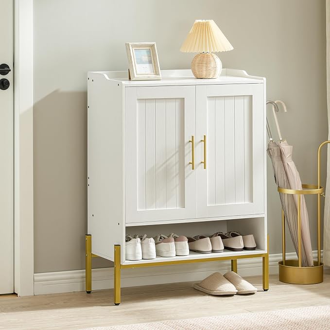 HOOBRO Shoe Cabinet, 5-Tier Shoe Storage Organizer with Doors, Wooden Shoe Cabinet Storage for Entryway, Freestanding Shoe Rack Cabinet with 3 Adjustable Shelves for Hallway, Gold and White DW41SC01