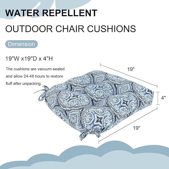 DYTXIII Set of 2 Outdoor Chair Cushions 19"x19"x4", Water Repellent Tufted Patio Seat Cushions with Ties, Thick Replacement Pads for Wicker Dining Chairs, Patio Furniture, Medallion Blue