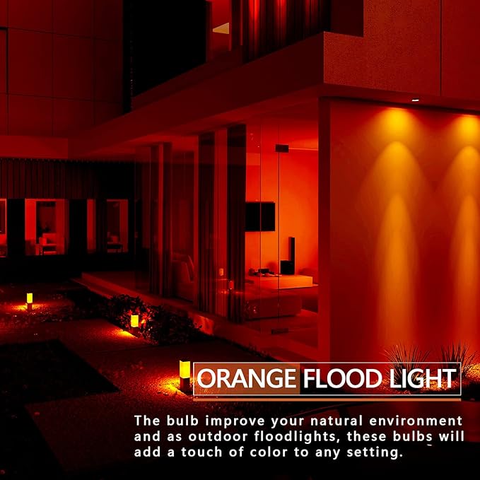 PAR38 Flood Orange Light Bulbs,2 Pack Dimmable,E26 Base Orange Flood Light Outoor(20W Replace to 200W),Halloween Light Bulb for Outside,Christmas,Holiday Lighting