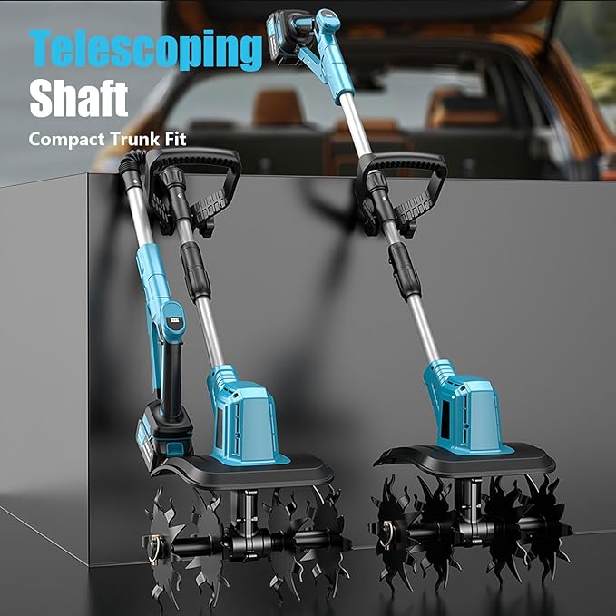 21V Electric Cordless Tiller Cultivator, 360RPM Garden Tiller with 2 x 4.0Ah Batteries Charger, 12In Tilling Width & 8In Depth Garden Rototiller for Lawn, Gardening, Soil Cultivation (Blue-1)