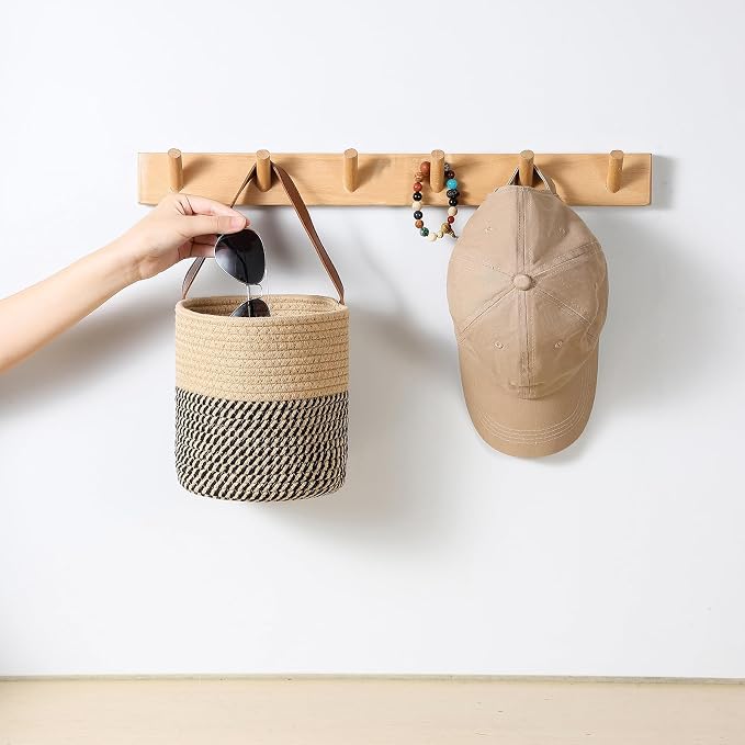 Hanging Leather Plant Holder, Wall Hanging Planter Basket Black and Jute