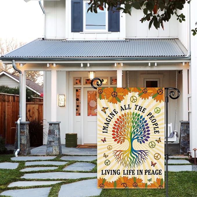 Imagine All The People Living Life In Peace Garden Flag, Funny Tree Of Life Peace Flag for Outside, LGBTQ Equality Social Justice Kindness Diversity Inclusion Banner, Peaceful Lawn Porch Décor